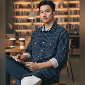 Express by Arnold Stuart Men's Navy and White Striped Button-Down Shirt